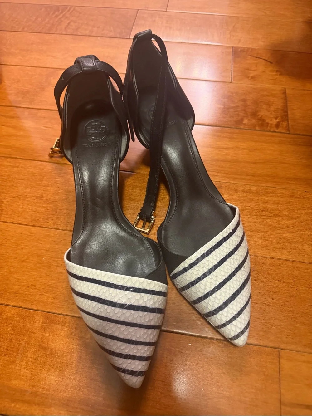 Tory Burch Black and White Striped Pointed Toe Slingbacks